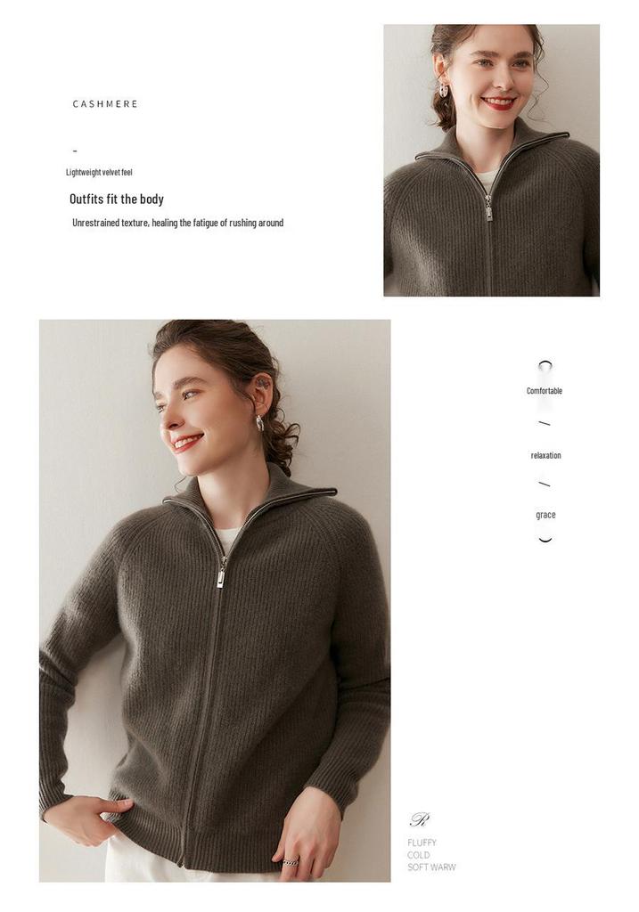 Women's Retro Cashmere Stand Collar Cardigan - Double Zipper, Long Sleeve, Age-Reducing Base Layer Top