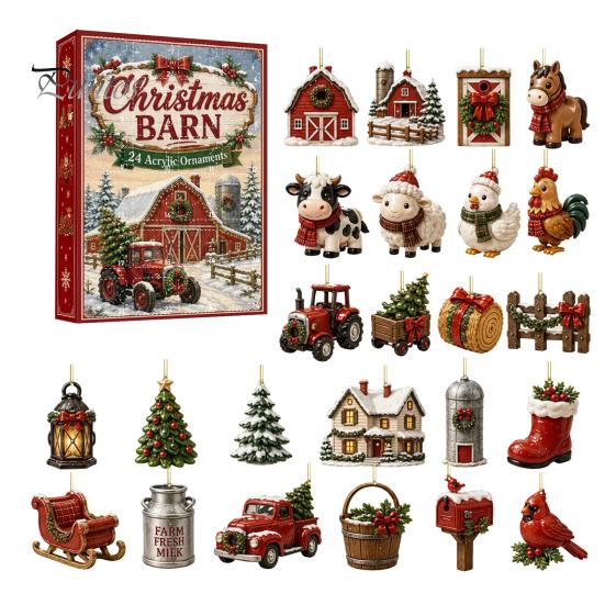 Family Christmas Tradition Farm Advent Calendar 24Pcs Acrylic 2D Ornament Set with Rustic Barn Unique Countdown Kit Animal Designs for Holiday