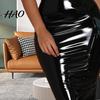 Slimming High Waist Skirt Women Club Faux Leather Skinny Sheath Zipper Closure Solid Knee Length Color Glossy Surface Slim Fit Lady Party Dating