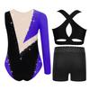 Children‘s Dance Gymnastics Leotard Set Rhinestone Color Block Asymmetrical Round Neck Leotard Plus Cross Back Keyhole Vest and Matching Shorts