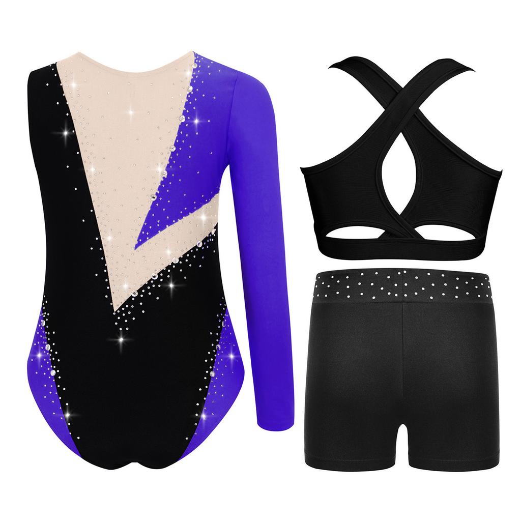 Children‘s Dance Gymnastics Leotard Set Rhinestone Color Block Asymmetrical Round Neck Leotard Plus Cross Back Keyhole Vest and Matching Shorts