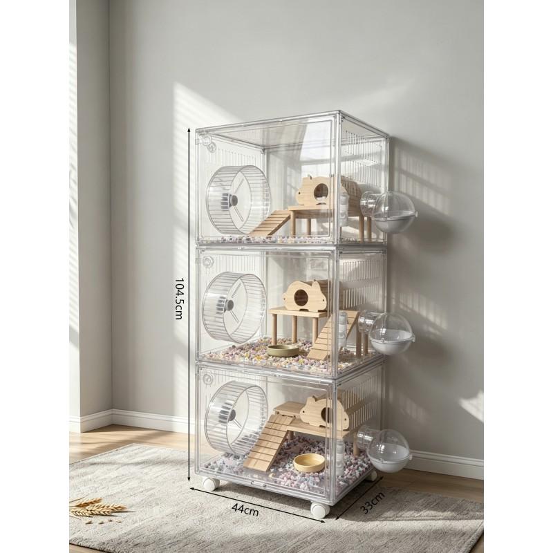 Transparent Acrylic Hamster Cage With Wheels Leak-Proof Sand Tray Stackable Easy-Clean Design Indoor/Outdoor Use