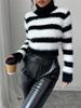 Fall Winter New Women's High Neck Striped Knit Sweater Top Ribbed Pullover