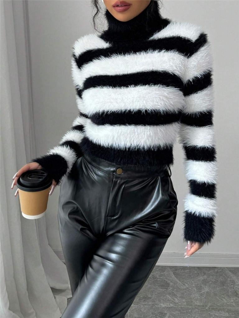 Fall Winter New Women's High Neck Striped Knit Sweater Top Ribbed Pullover