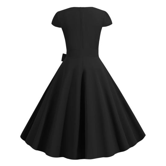 Women Dress V Neck Belted Bow Decor A-line Big Swing Tight High Waist Solid Color Retro Short Sleeve Princess Style Lady Midi Dress