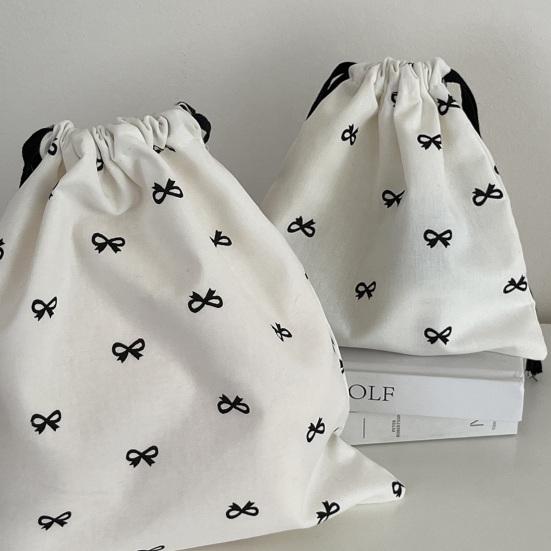 Small Drawstring Bags Cute Bow Makeup Pouch Portable Canvas Storage Bag