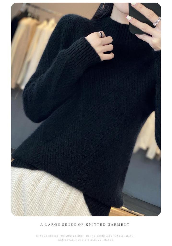 Women's Autumn-Winter Wool Knit Sweater - Half-High Collar, Solid Color, Slimming Pullover with Long Sleeves