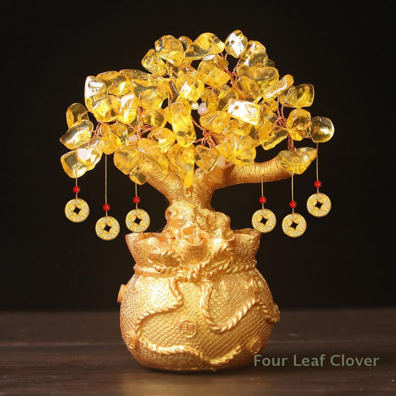 19cm 14cm Delicate Yellow Crystal Money Tree Ornament Home Office Shop Feng Shui Art Decoration Tabletop Lucky Wealth Tree