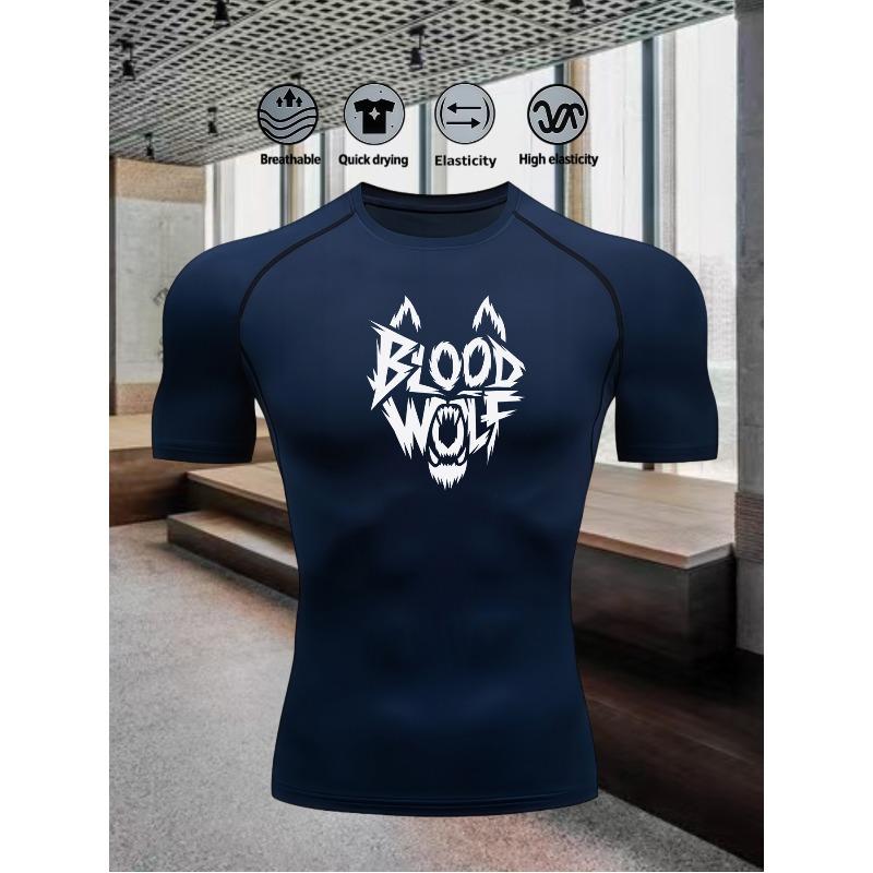 Men's Chest Blood Wolf Shaped Logo Print Compression Shirt High Elasticity Moisture Wicking Sportswear