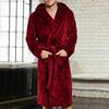 Long Sleeve Pockets Belt Solid Color Men Bathrobe Winter Warm Hooded Fleece Lengthened Nightgown Sleepwear