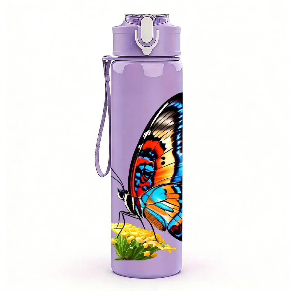 1PC Vivid Color Butterfly Pattern 750ml Color Plastic Sports Water Bottle Leakproof Flip Straw Lid Suitable for Sports Office Home Use