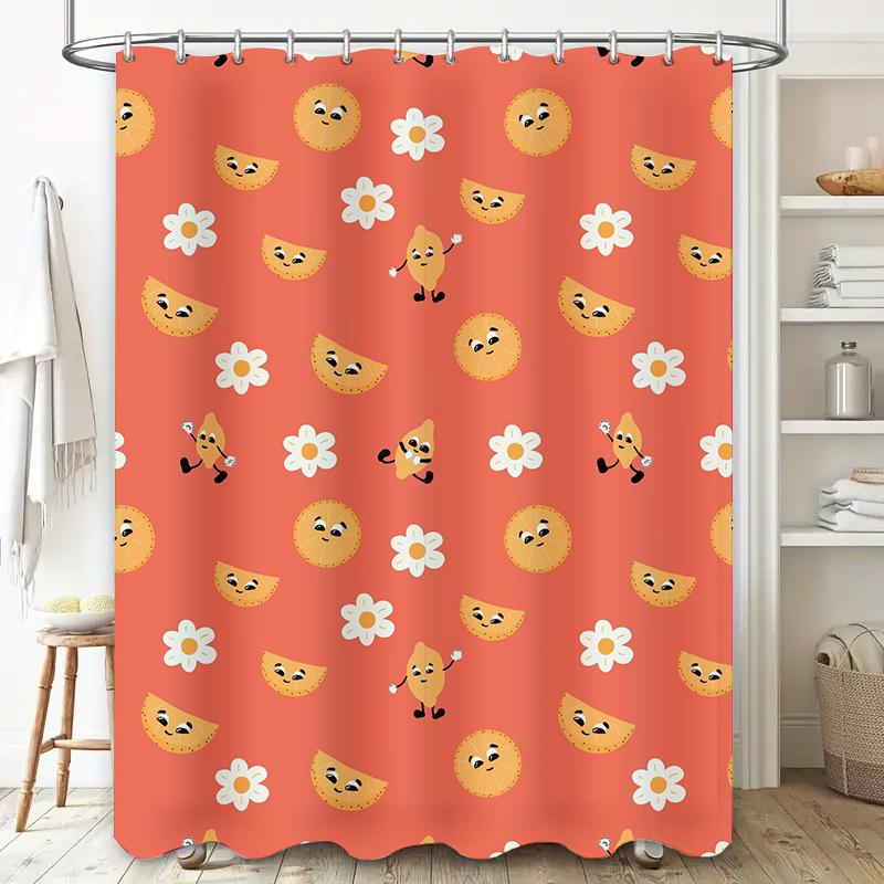 Fruit Pattern Shower Curtain With Cartoon Design For Bathroom Decor Peach Color, Waterproof Fabric Suitable For Kids' Rooms Or K
