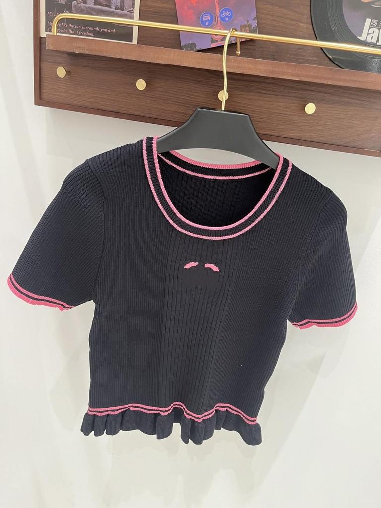 European Style Pink Ruffle Hem Knit Short Sleeve Casual Fashion Top