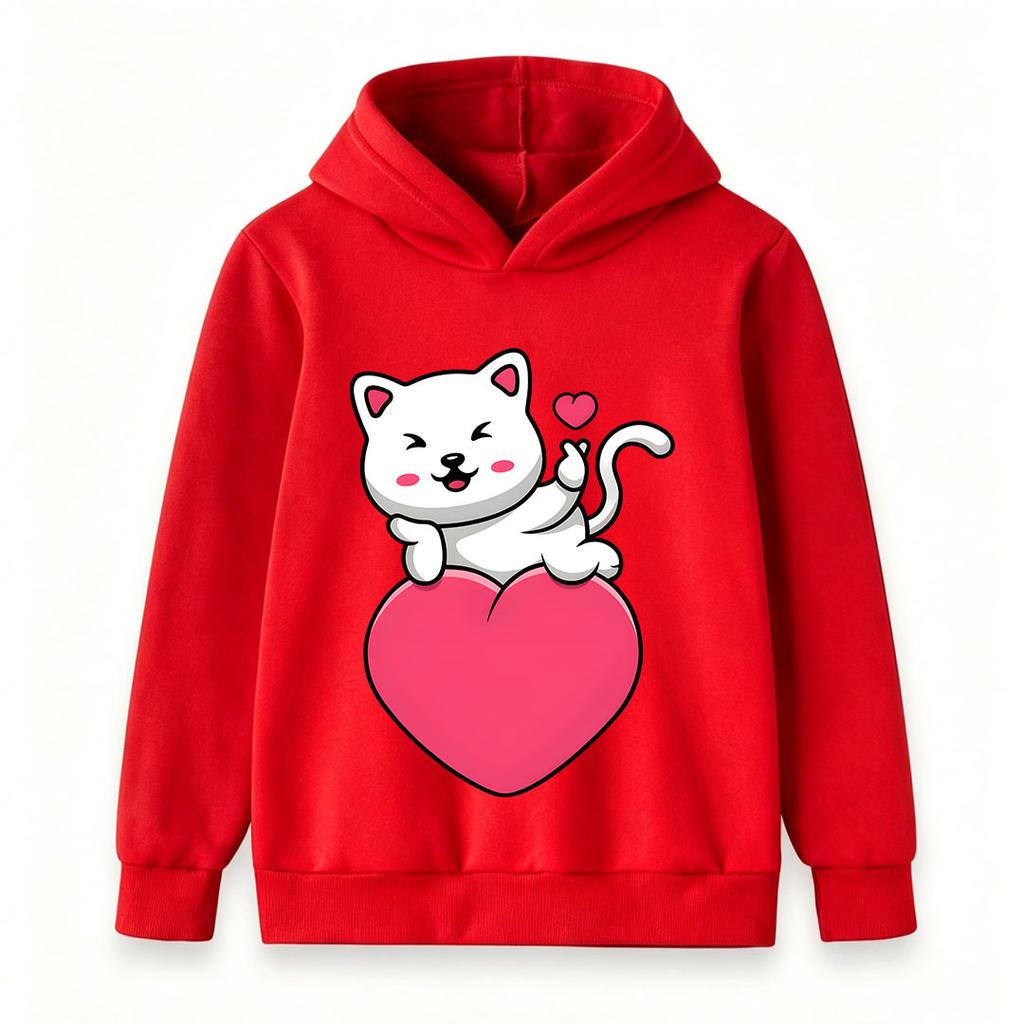 Kids Boys Girls Pullover Hoodie, Cute White Cat Blowing Kiss Print Warm Casual Hooded Sweatshirt for Daily Wear Gift for Cat Lovers, Soft