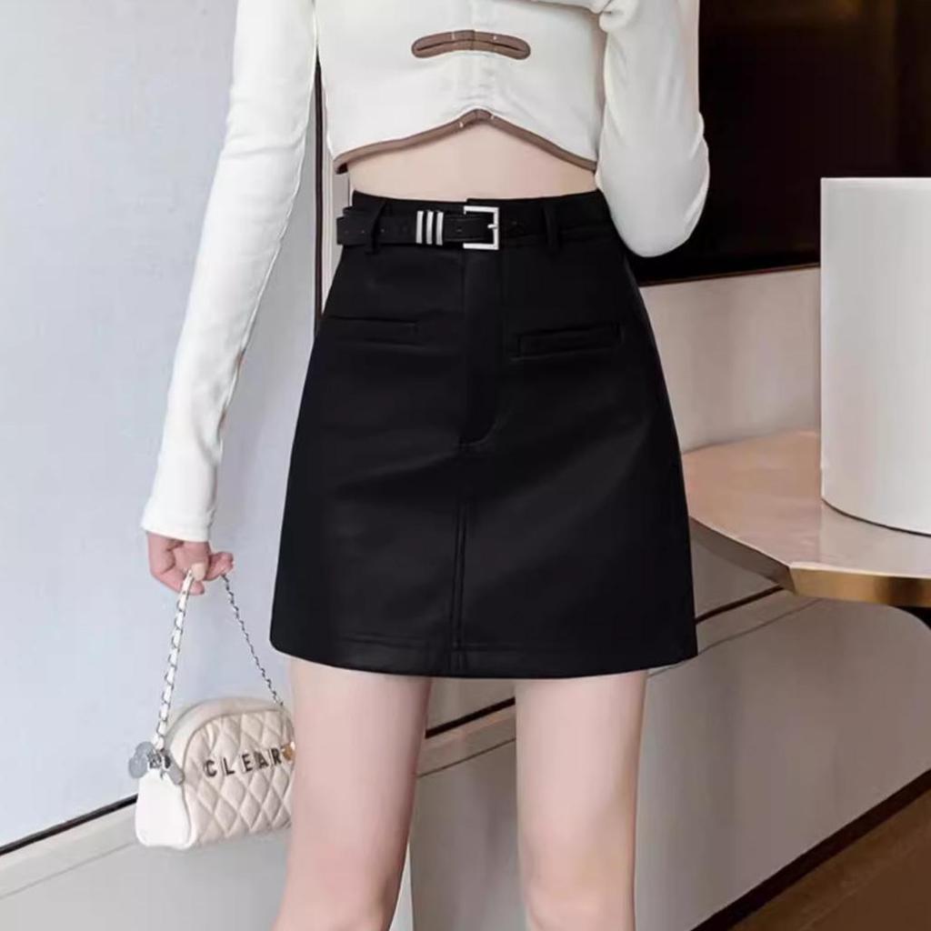 2024 Women's High Waist PU Leather A-line Mini Skirt - Black, Slimming Bodycon Style for Spring & Autumn