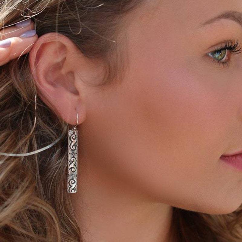 Geometric Engraved Pendant Earrings European and American Trend Antique Silver Ear Hook Earrings Women