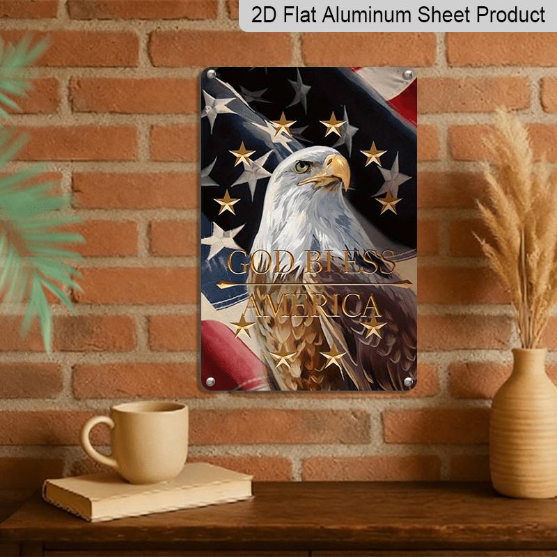 2D Flat Vintage Patriotic Metal Wall Decor - 4th of July USA Flag & Eagle Aluminium Sign with "God Bless America" Inscription, Durable Aluminium