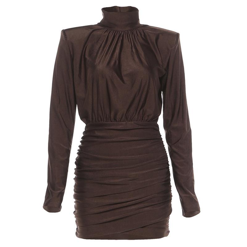 European and American Style Autumn New Sexy Slim-fitting Turtleneck Long-sleeved Hip-wrapped Short Skirt Temperament Solid Color Dress