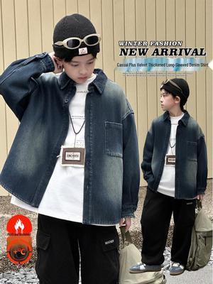 2026 Herbst/Winter Dicke Warme Denimjacke für Jungen mit Fleecefutter, Koreanischer Stil, Langarm