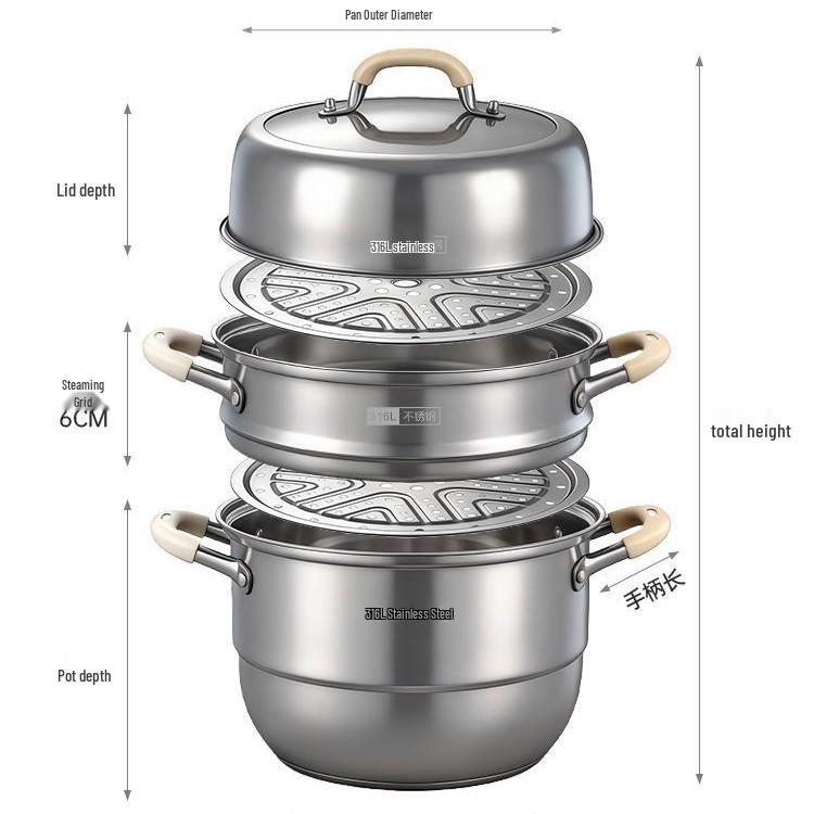 316L Food-Grade Large Capacity Stainless Steel Multi-Purpose Steamer Pot with Anti-Scalding Silicone Handles 28cm