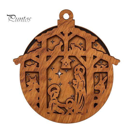 Warm Light Christmas Tree Ornaments 3D Wooden Up Ornament, Layered House Snowman Rustic Holiday Decorations Nativity Scene Hanging Decoration for Xmas