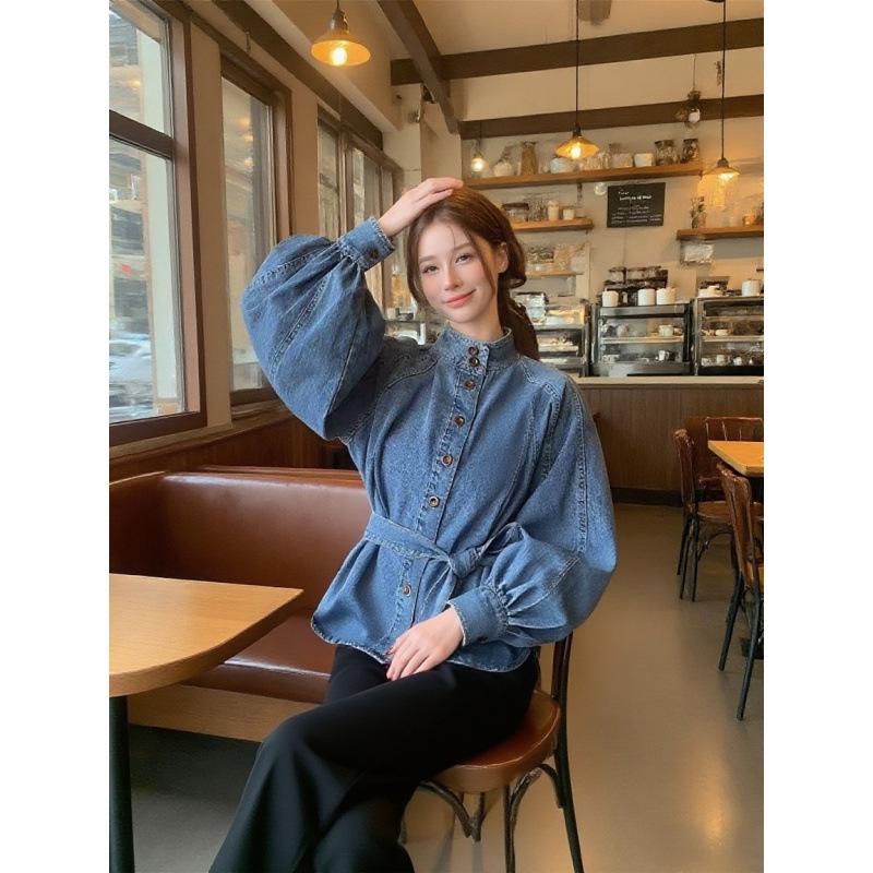 Retro Light Luxury Denim Top with Tie-Waist and Lantern Sleeves