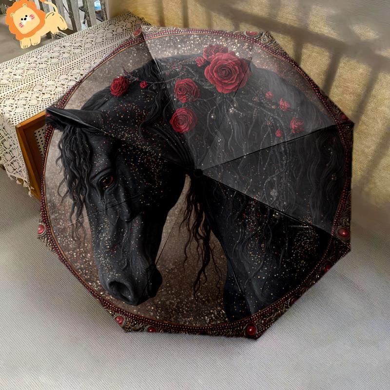 1 PC Automatic Folding Umbrella - Black Horse Pattern, Portable & Foldable Design with 8 Ribs, Christmas Birthday Gifts