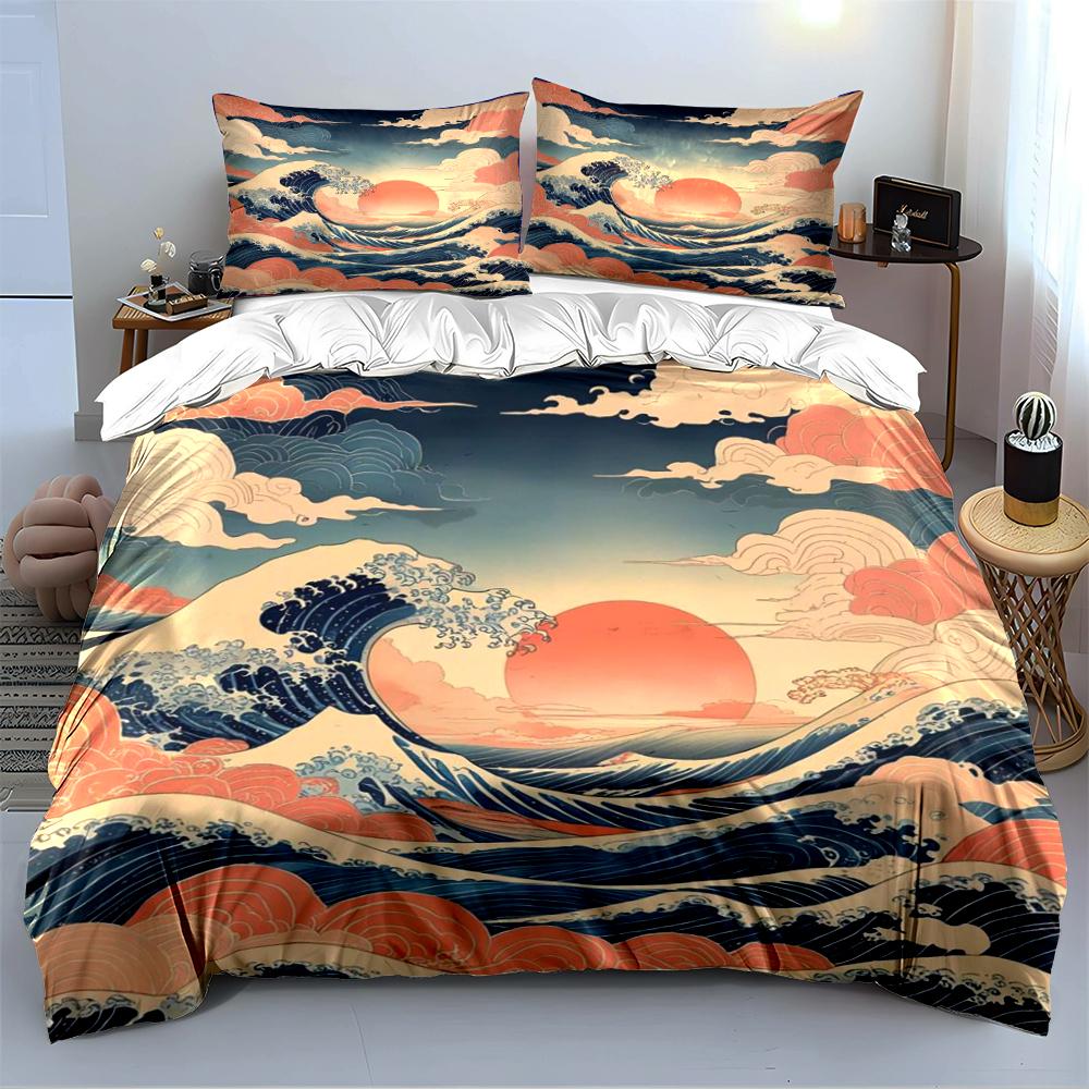 Japanese Wave and Red Sun Bedding Set Bedding set (1 duvet cover, 2 pillowcases, duvet not included)