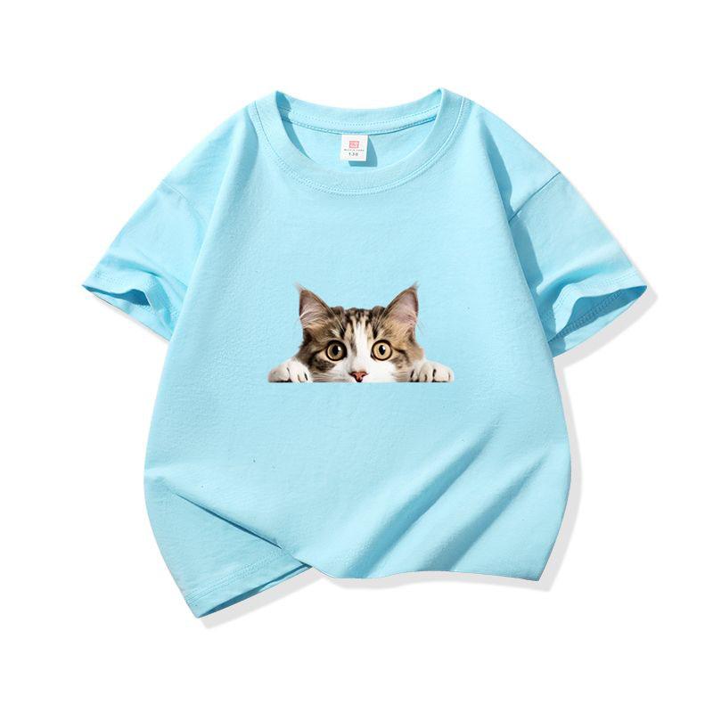 Kids Cotton T Shirt Peeking Domestic Shorthair Cat Graphic Crew Neck Short Sleeve Tee Casual Breathable Boys Girls Summer Tops