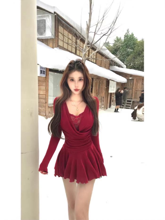 Women's French Lace Patchwork Waist-Cinching Dress - Spring/Autumn Fashion