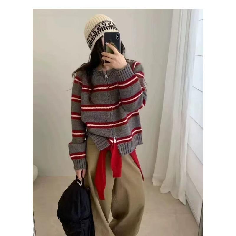 Lazy striped knitted cardigan women's autumn and winter new loose and thin versatile double zipper sweater jacket