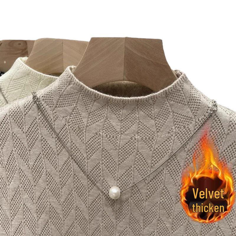 Women's Fleece Sweater Base Layer: Plus Velvet Thick Knitwear with Half-High Neck - 2025 Autumn/Winter Collection