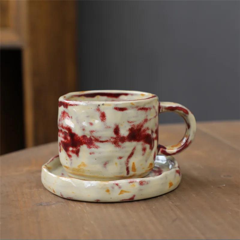 Retro Ceramic Cup Cross-border Mug Japanese Style Simple Afternoon Tea Cup Creative Coarse Pottery Coffee Cup Saucer Set