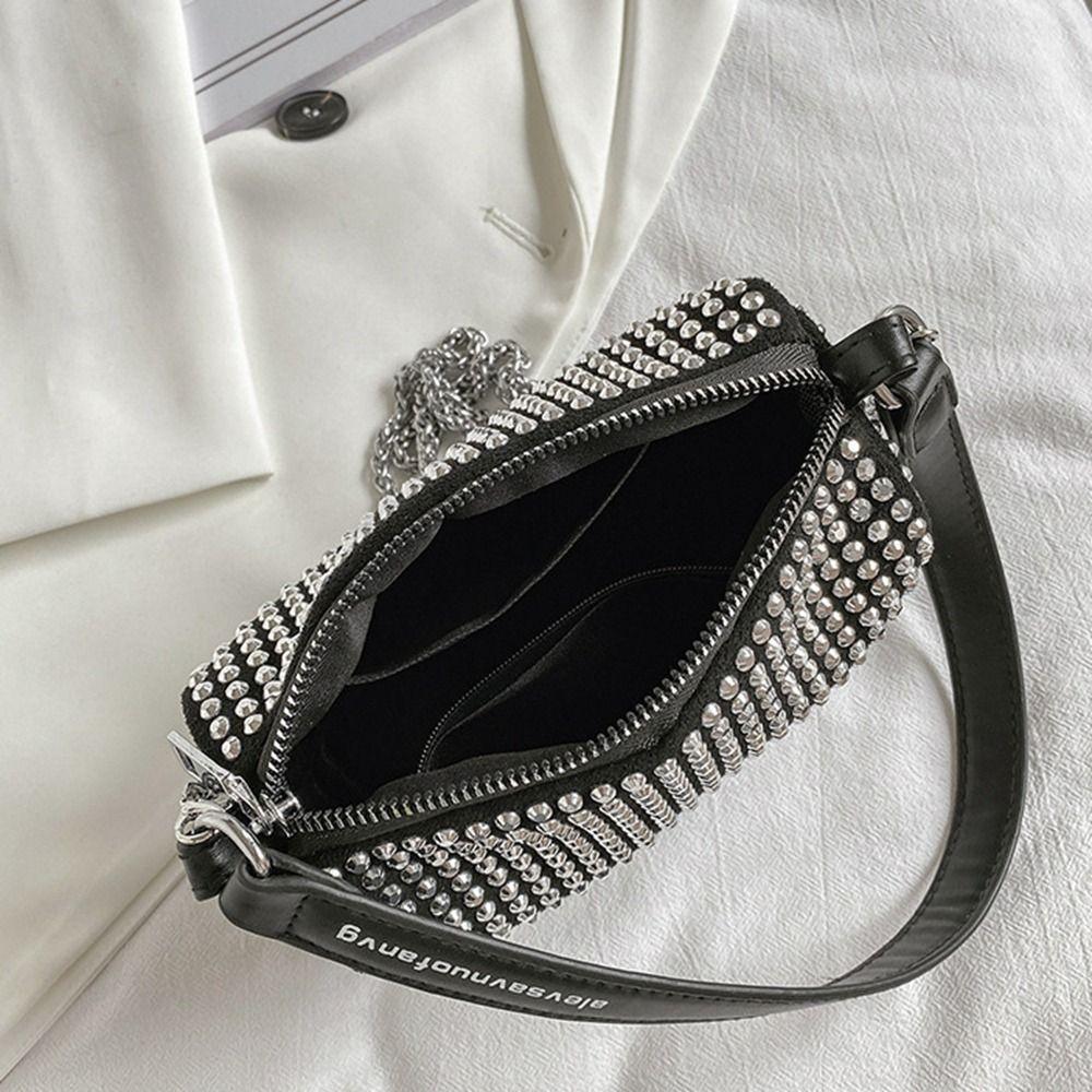 Large Capacity Small Square Bag Zipper Chain Shoulder Bag Personality Rhinestone Handbag  Party