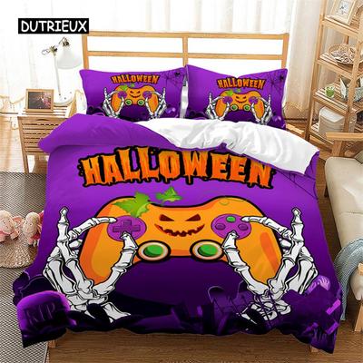 Halloween Dekbedovertrek Queen Cartoon Pompoen Gamepad Dekbedovertrek Microvezel Horror Thema Gothic Spookachtige Beddengoedset Voor Jongens Tiener