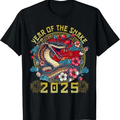 Chinesisches Neujahr 2025 Jahr der Schlange Frohes Neues Jahr 2025 T-Shirt Herren Damen Unisex Kurzarm Grafik-T-Shirt