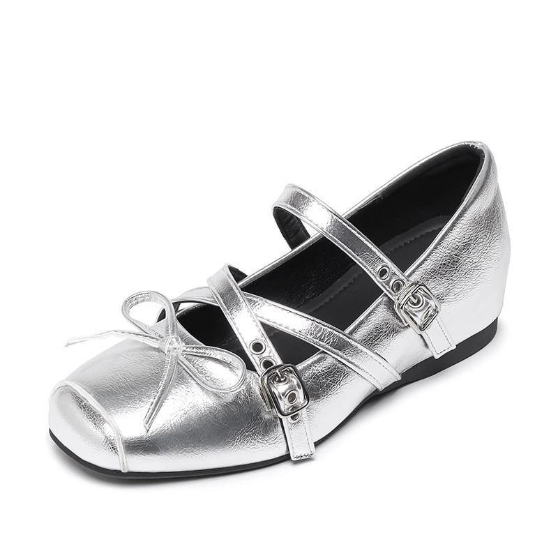 Sheepskin Version Mary Jane Silver Bow Single Shoes Women's 2025 New Skirt French Light Mouth Flat Ballet Shoes