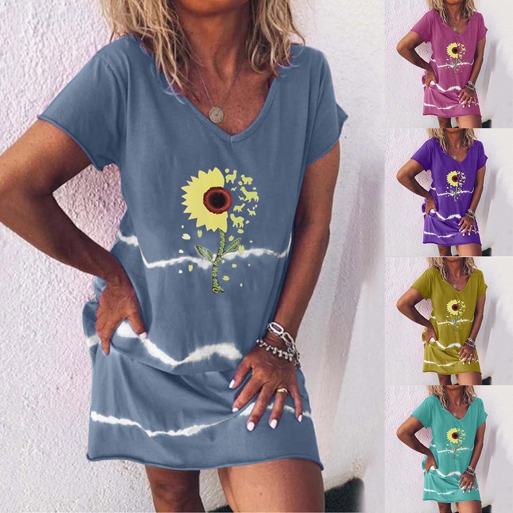 

женский подсолнечник печати случайные V-Neck короткий рукав платье