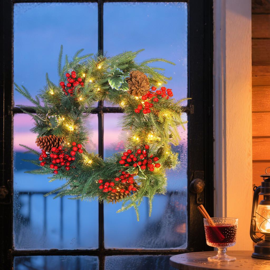 60 Cm Christmas Wreath with White LED Lights, Timer, Pine Cones, Berries and Holly, Green