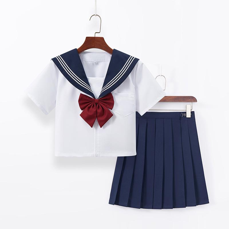 Navy Collar White Japanese School-Style Sailor Suit JK Uniform Skirt Set