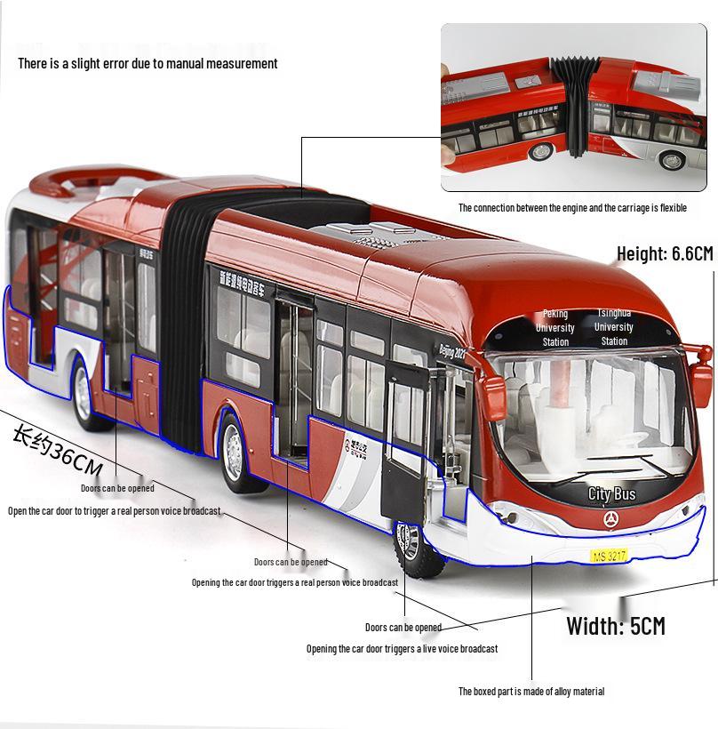 [Boxed] Mingsheng Articulated Bus Model: Beijing City, Sound & Light, Pull-Back Alloy Toy with Opening Doors