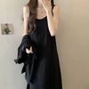 Women's Summer Black Slimming Drape Retro Long Camisole Dress - Solid Color Sexy Pajamas, Wearable Outdoors