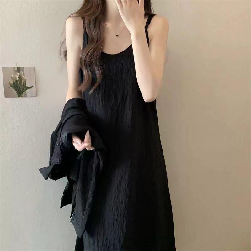 Women's Summer Black Slimming Drape Retro Long Camisole Dress - Solid Color Sexy Pajamas, Wearable Outdoors