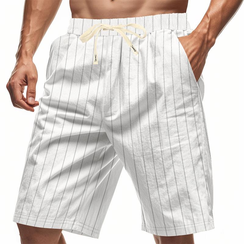 Men's Loose-Fit Linen Beach Shorts - Breathable Striped Jacquard Drawstring Cropped Casual Shorts