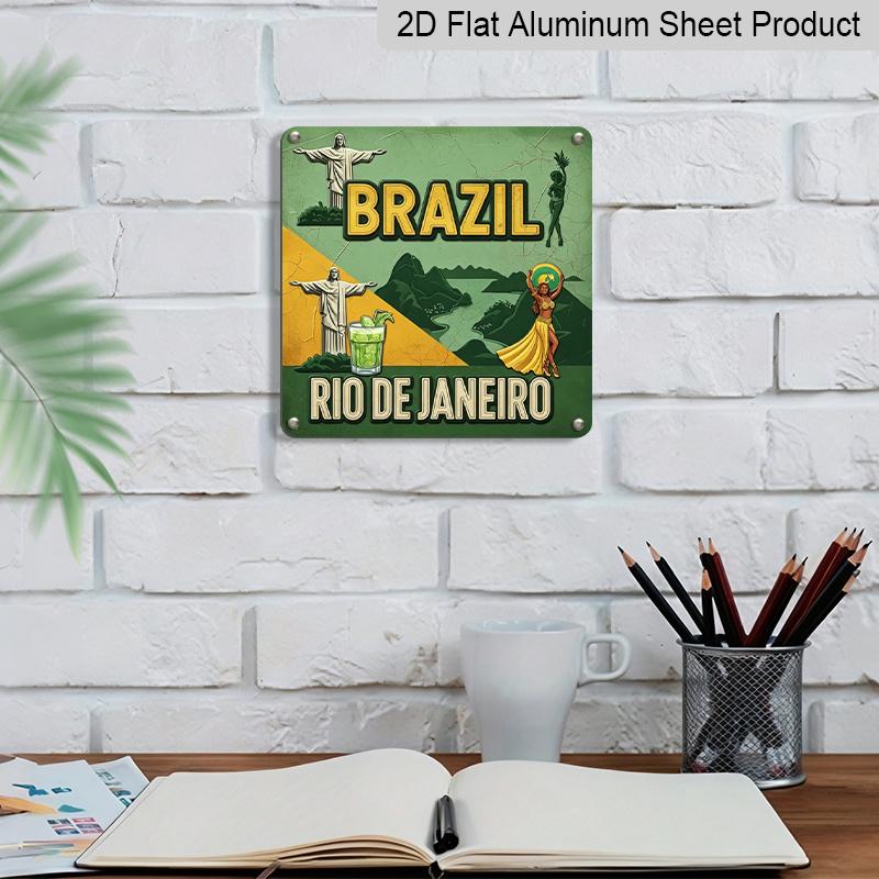 2D Flat - 1pc Brazil De Janeiro Vintage Square Aluminum Sign| South American Vintage Style, Entryway Decor and Themed Wall Decoration, Cultural