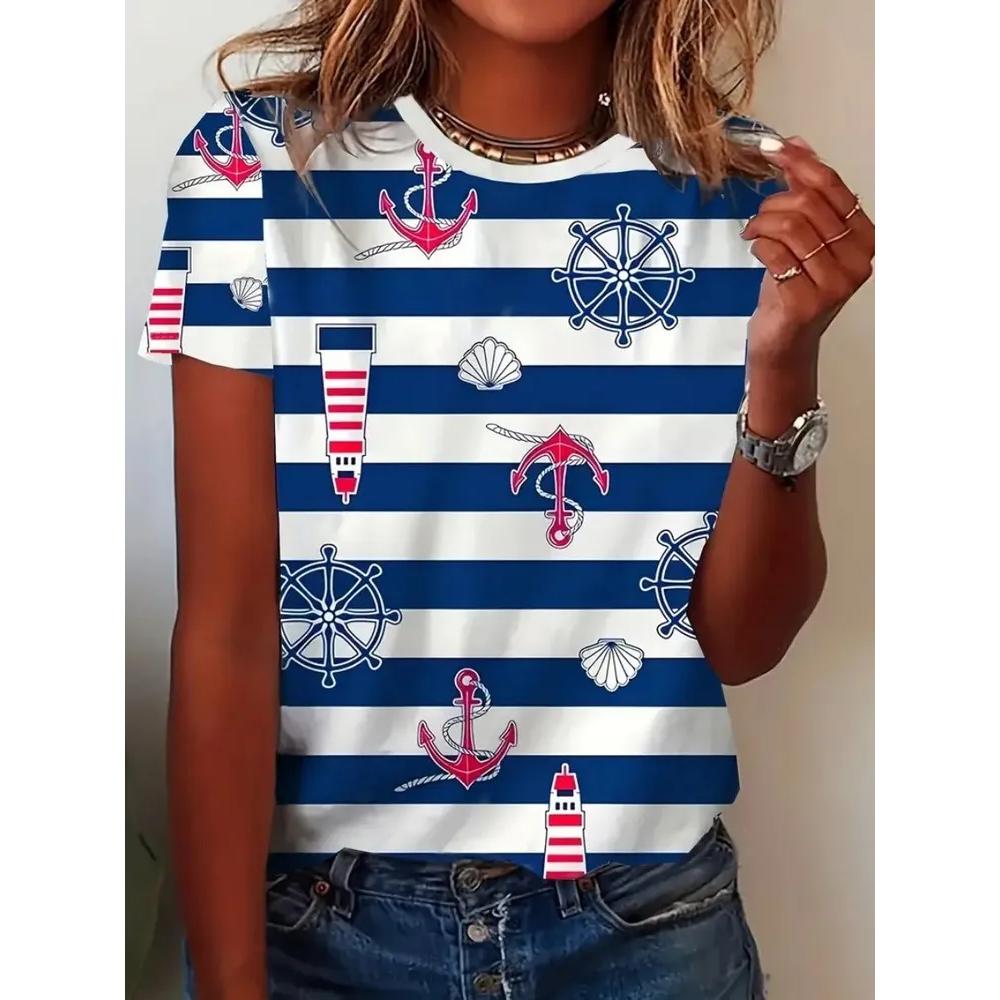 Bequemes gestreiftes bedrucktes Oberteil Mode Vielseitige Damen Kurzarm Freizeit locker T-Shirts Damen