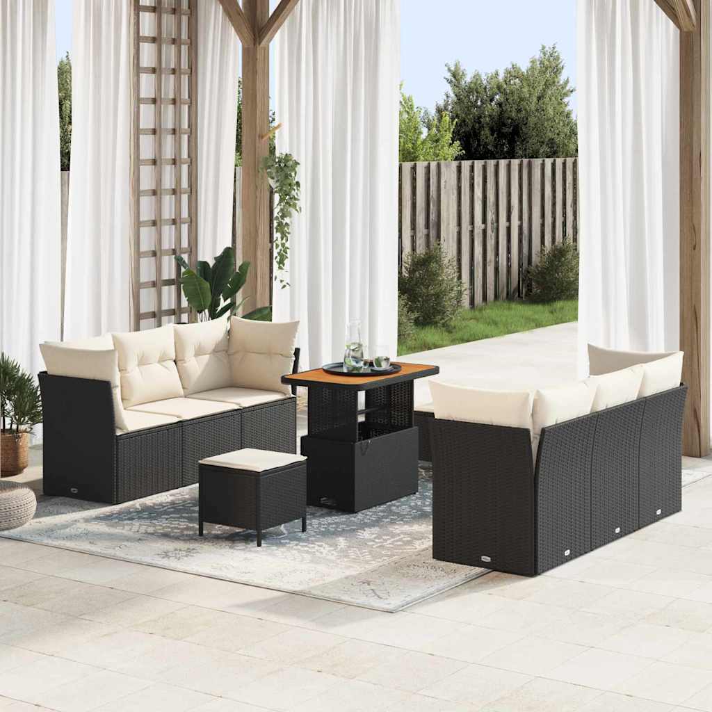 9 Piece Black Poly Rattan Garden Sofa Set with Cushions