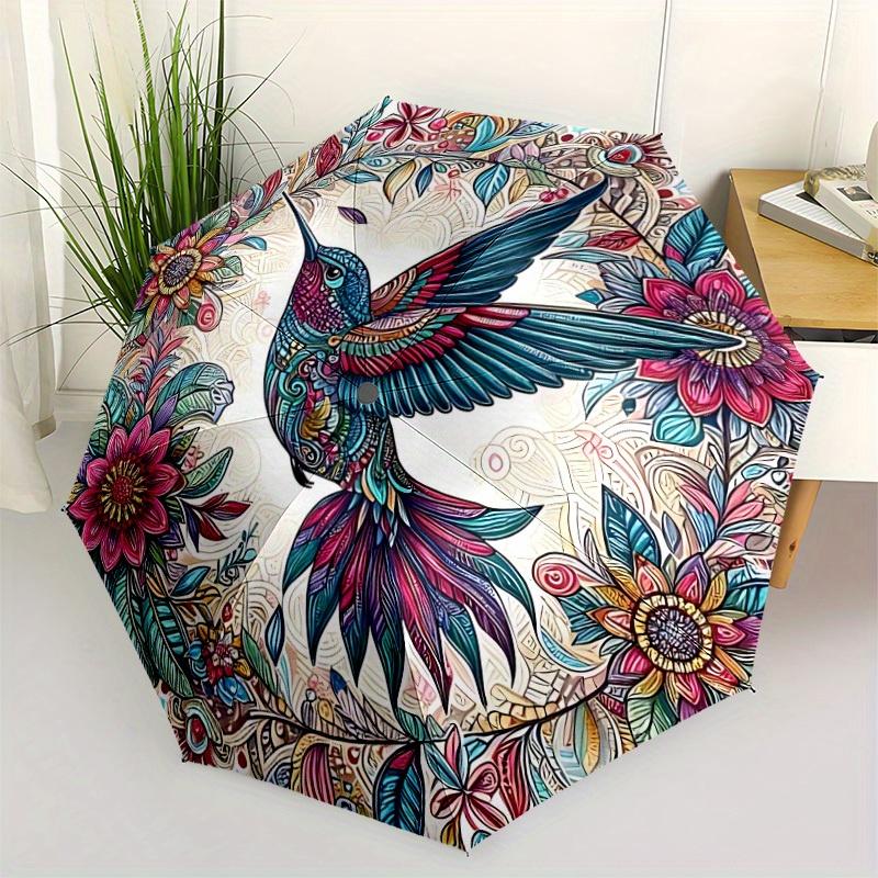 1pc Hummingbird Floral Automatic Open/close Folding Compact Umbrella, 8 Rib Sturdy Canopy, Lightweight Portable, Everyday Use, Gift,,124