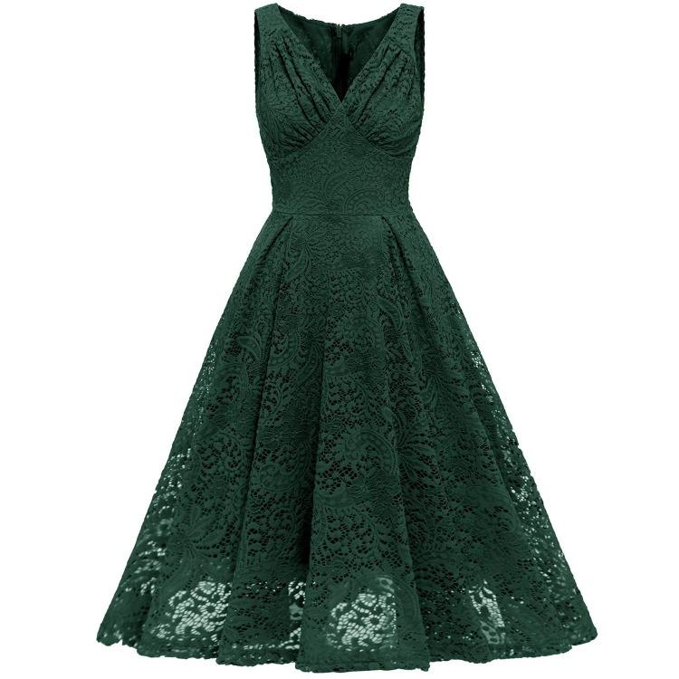 Elegant Vintage Lace Dress for Women V Neck Ruched Bust Cinched Waist Milkmaid Prom Skater Midi Cocktail Evening Party Formal Special Occasion Outfits