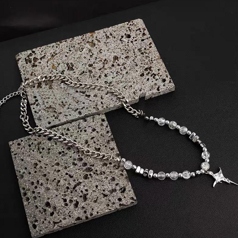 Ice Crack Bead Splicing Cross Titanium Steel Necklace Men'S Hip-Hop Niche High-End Sense Light Luxury Ruffian Handsome Trendy Sweater Chain